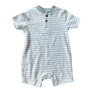#118, Kyle and Deena green and white striped baby romper, size 3-6 mo